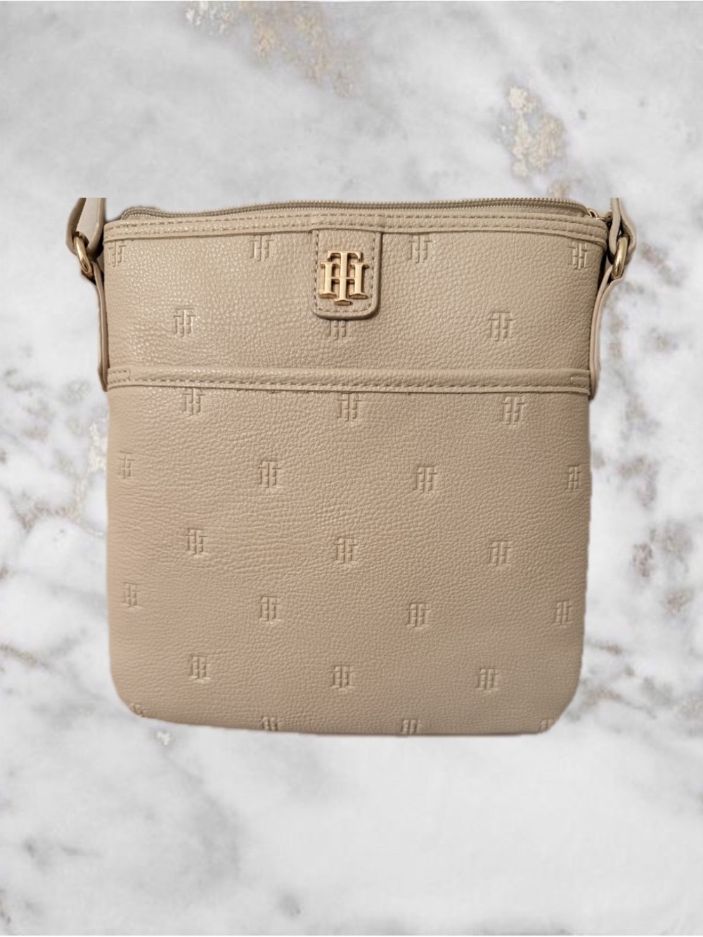 Tommy Hilfiger Taupe Pebbled Crossbody with Gold-Tone Logo